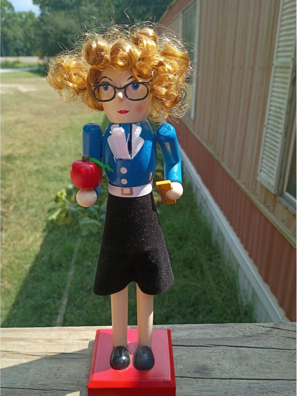 Teacher Nutcracker Wooden Christmas Decor Blonde Glasses Apple Ruler 14”